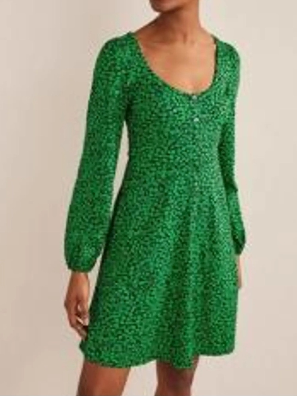 Boden Green & Black Floral Button Front Jersey Mini Dress Long Sleeve